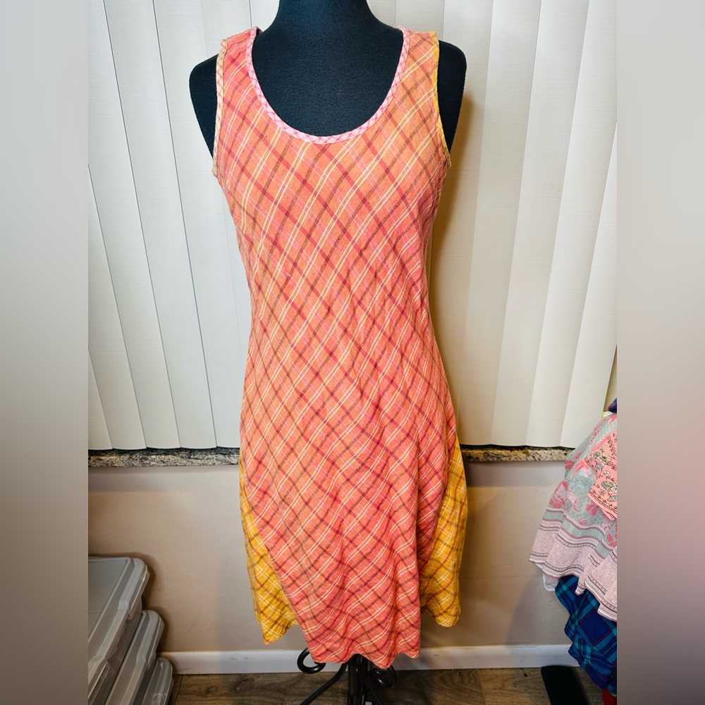 J Jill Checkered 100% Linen Plaid Minimalist Sleeveless Color block Dress Size 8